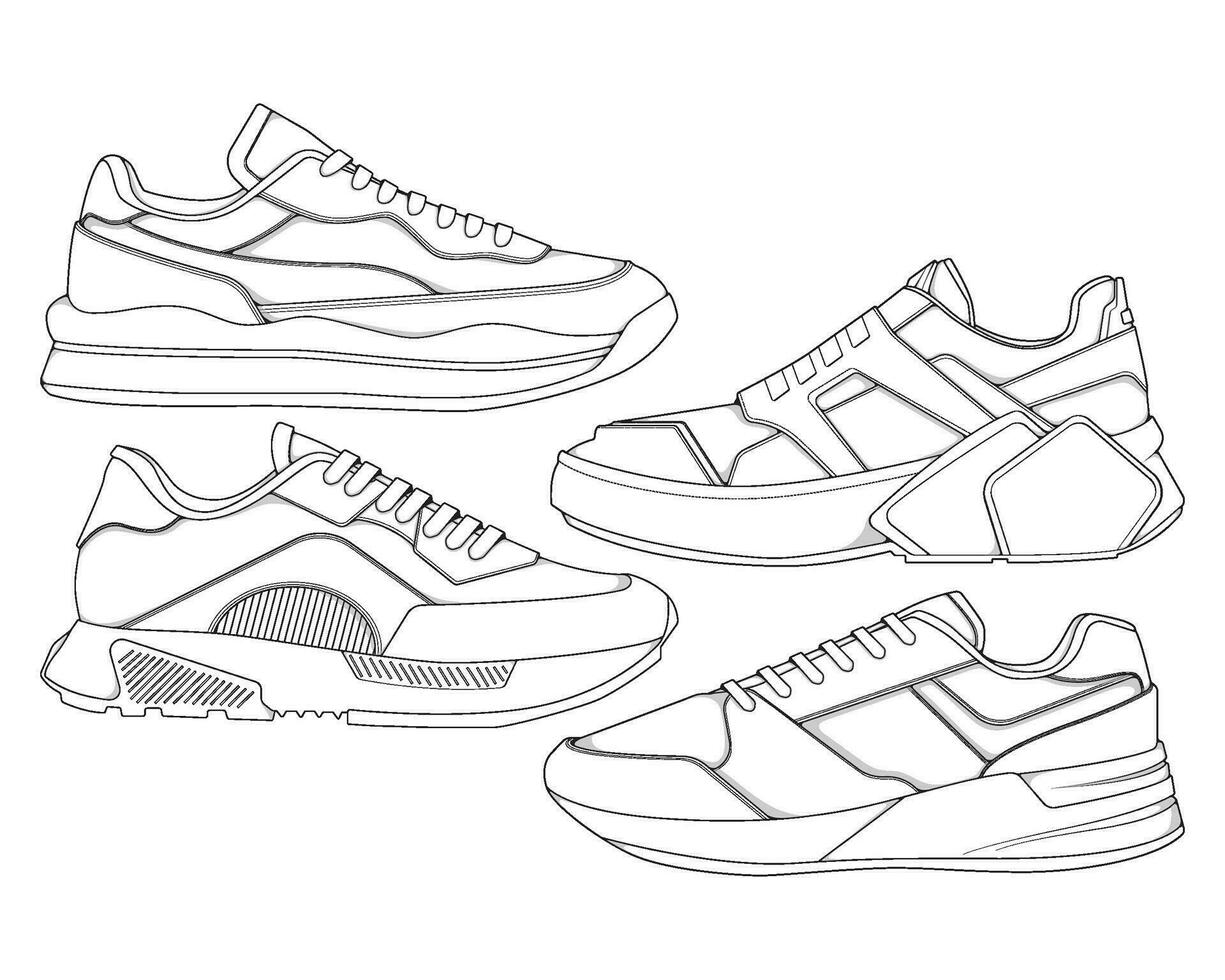 conjunto de Zapatos zapatilla de deporte contorno dibujo vector, zapatillas dibujado en un bosquejo estilo, empaquetar zapatillas entrenadores modelo describir, vector ilustración.