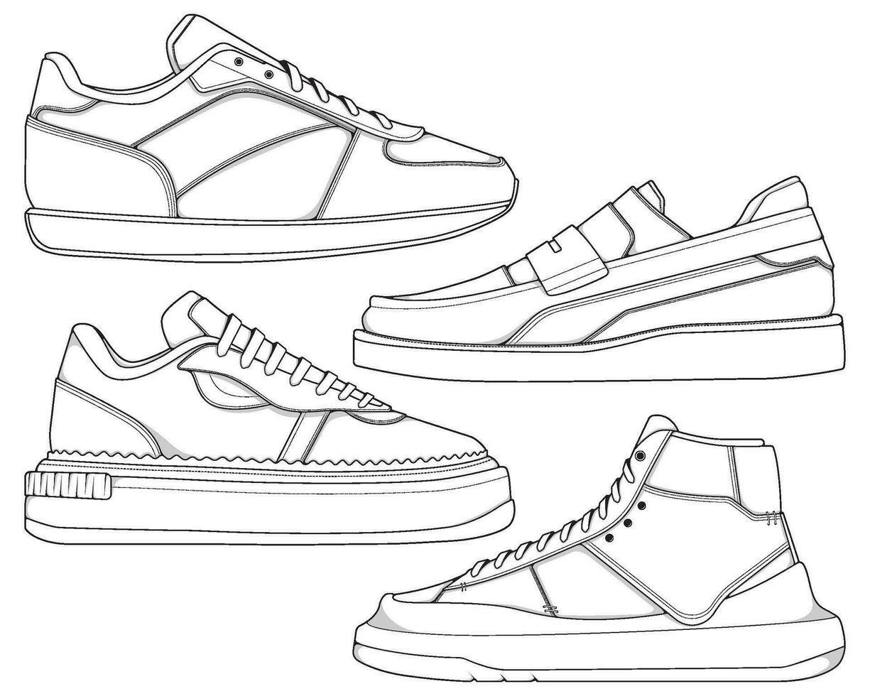 conjunto de Zapatos zapatilla de deporte contorno dibujo vector, zapatillas dibujado en un bosquejo estilo, empaquetar zapatillas entrenadores modelo describir, vector ilustración.