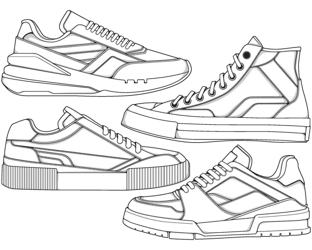 Set of shoes sneaker outline drawing vector, Sneakers drawn in a sketch style, bundling sneakers trainers template outline, vector Illustration.
