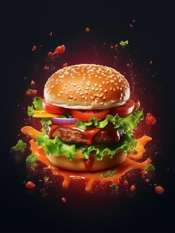 Fast food burger poster, burger design service promotion template. Burger flyer for restaurant menu, cafe, etc. Generative Ai. photo