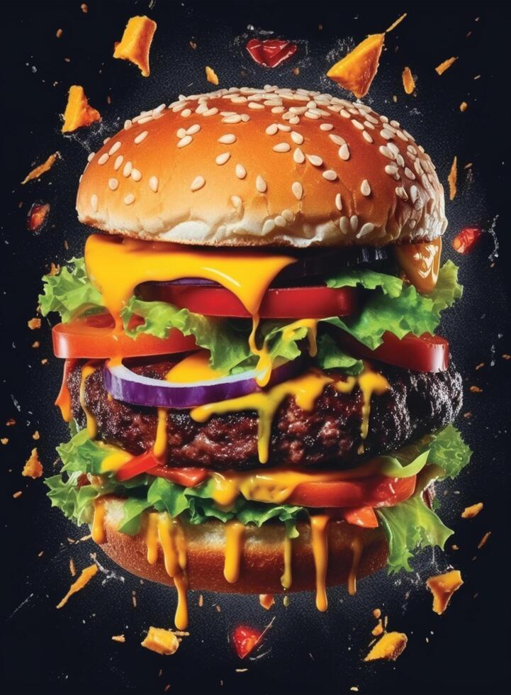 rápido comida hamburguesa póster, hamburguesa diseño Servicio promoción modelo. hamburguesa volantes para restaurante menú, cafetería, etc. generativo ai. foto