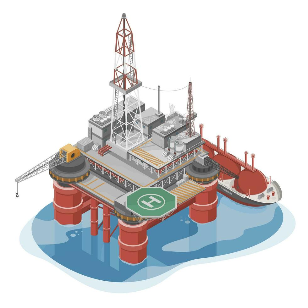 Offshore Oil and gas Rig Drilling Facility and ship Cartoon Illustration Infographic of Oil Industry in ocean red color isolated top view vector