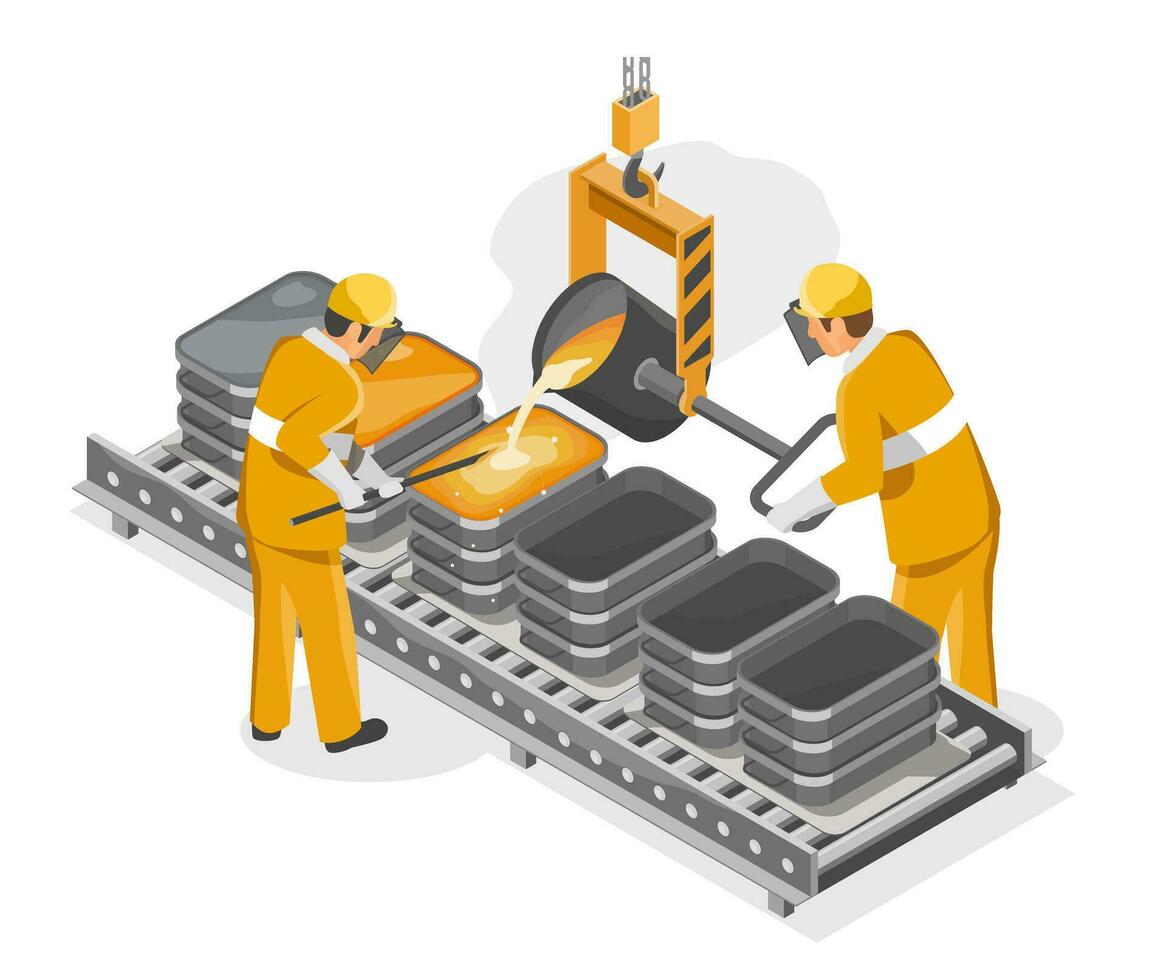 Metal industry Factory laborer worker casting metal yellow suite dangerous career concept isometric isolated cartoon vector