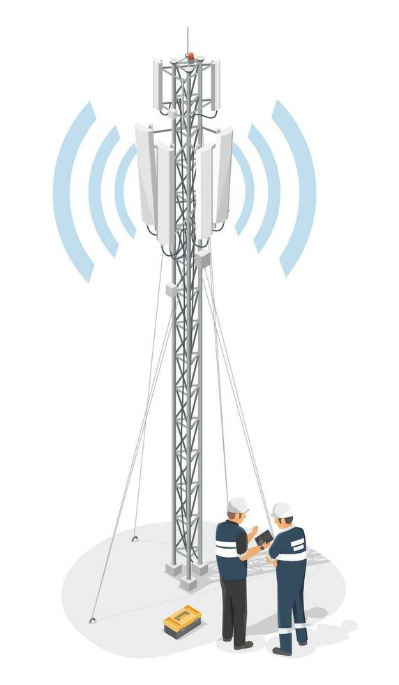 ingeniero mantenimiento Servicio llamada teléfono Internet 5g antena alto torre isométrica aislado dibujos animados vector