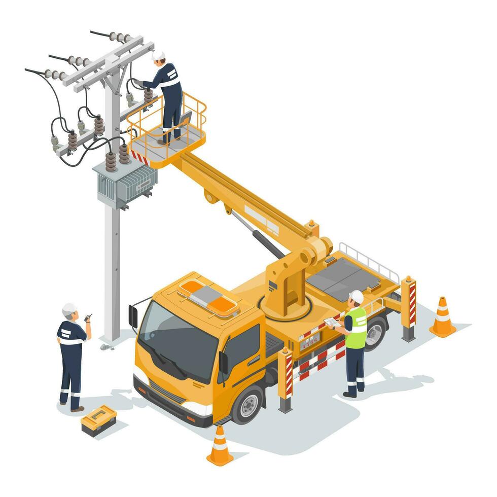 employees electric power and engineer maintenance working electrical wires line use Yellow Medium boom lift truck isometric isolated vector