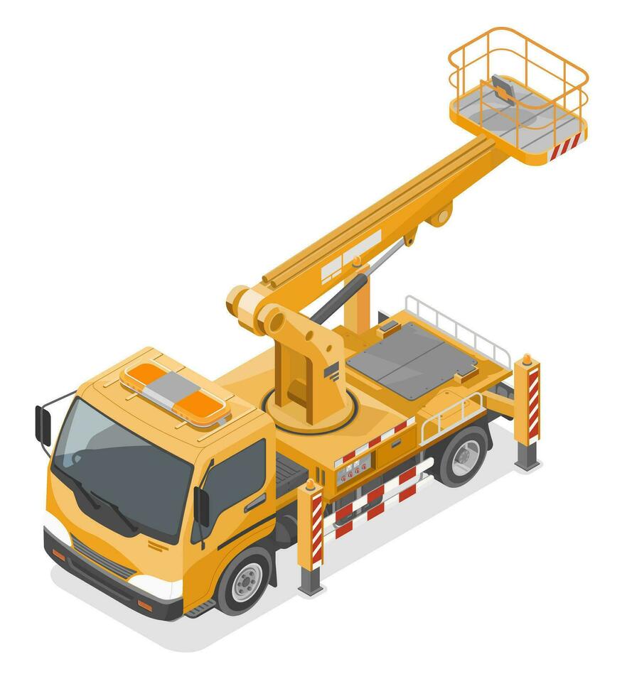 Yellow boom lift truck isometric industrial construction vehicles work concept isolated vector