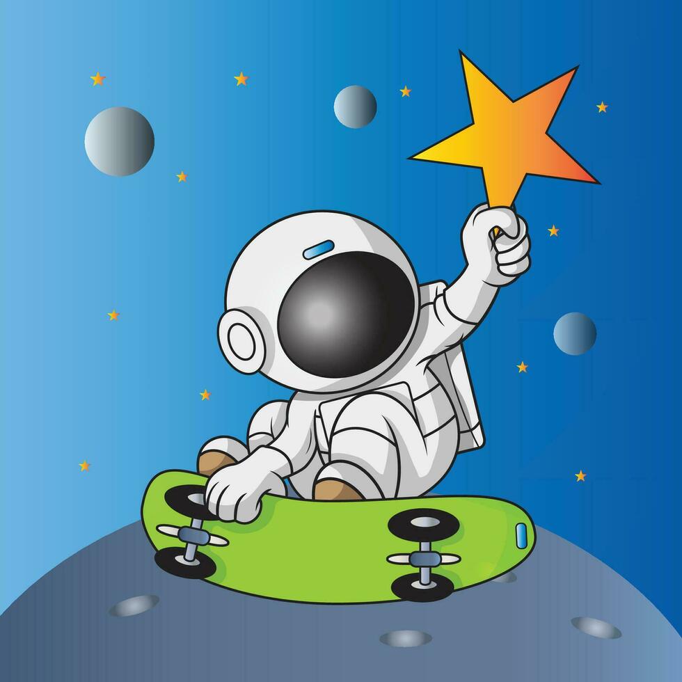 imprimir astronauta jugando patineta mientras punteo estrellas vector