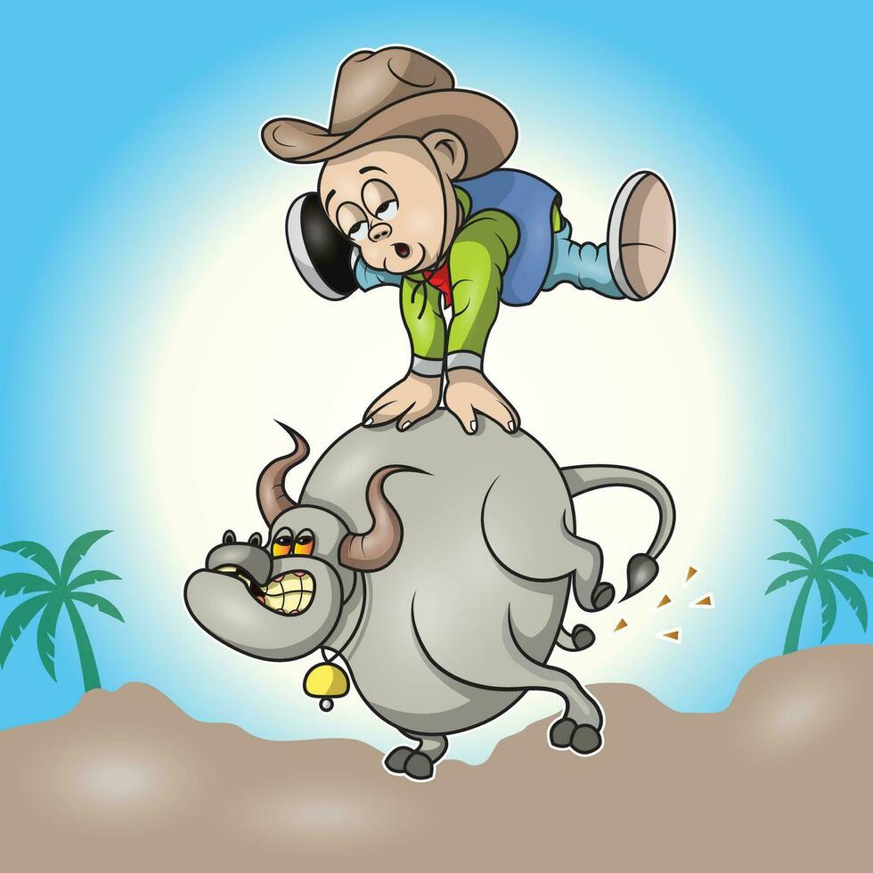 a funny cowboy and a raging bull vector