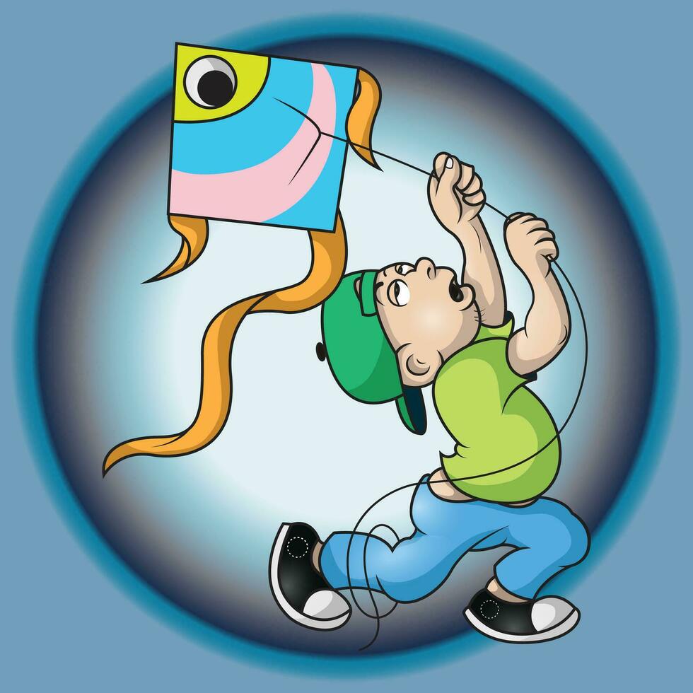 a cute boy is playing a kite vector