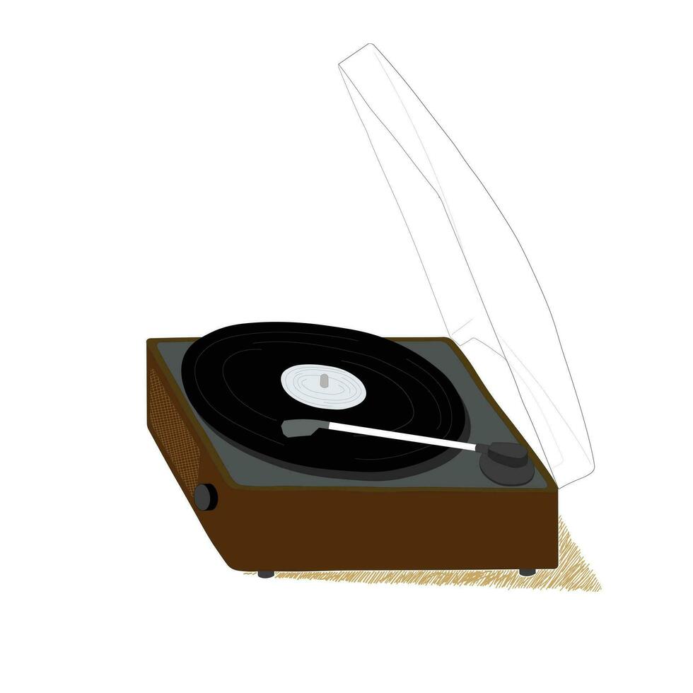 Retro record player flat vector in cartoon style. Vinyl player, gramophone, phonograph icon in doodle style. Hand drawing audio equipment item illustration.