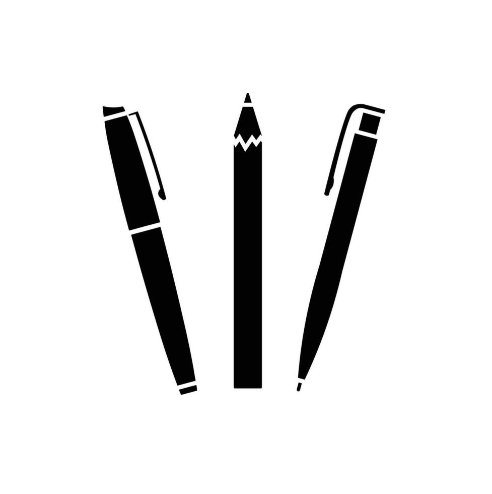 Fountain pen, pencil, ballpoint silhouette vector on white background. Set of silhouette office supplies icons. Stationery symbols. Items for office, school concept.