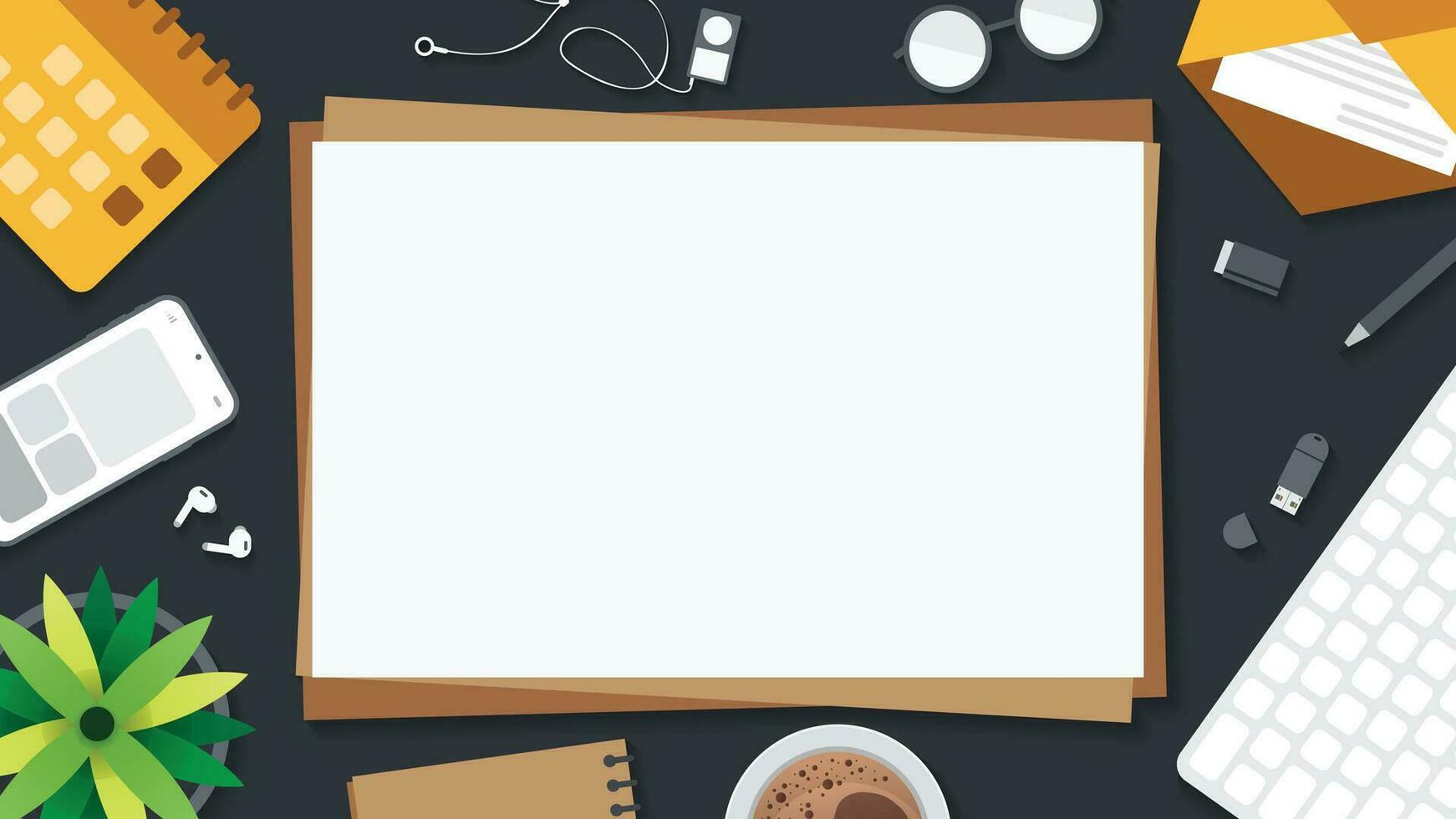 Cover and banner of working desk with gadget. Top view of table working and free space for text with computer, laptop, notebook, coffee cup, phone and paper. vector