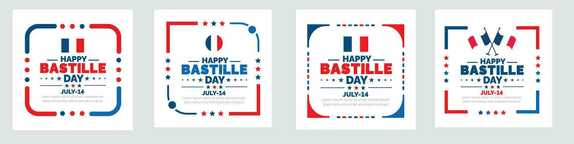 Bastille día o Francia independencia día social medios de comunicación enviar bandera, fondo, póster y tarjeta diseño modelo conjunto con estándar color celebrado en julio 14 vector