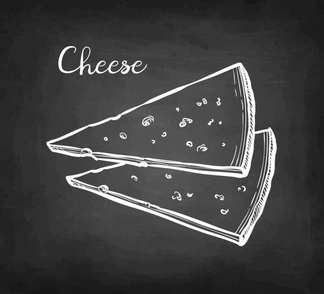 Cheese slices. Chalk sketch on blackboard background. Hand drawn vector illustration. Vintage style stroke drawing.