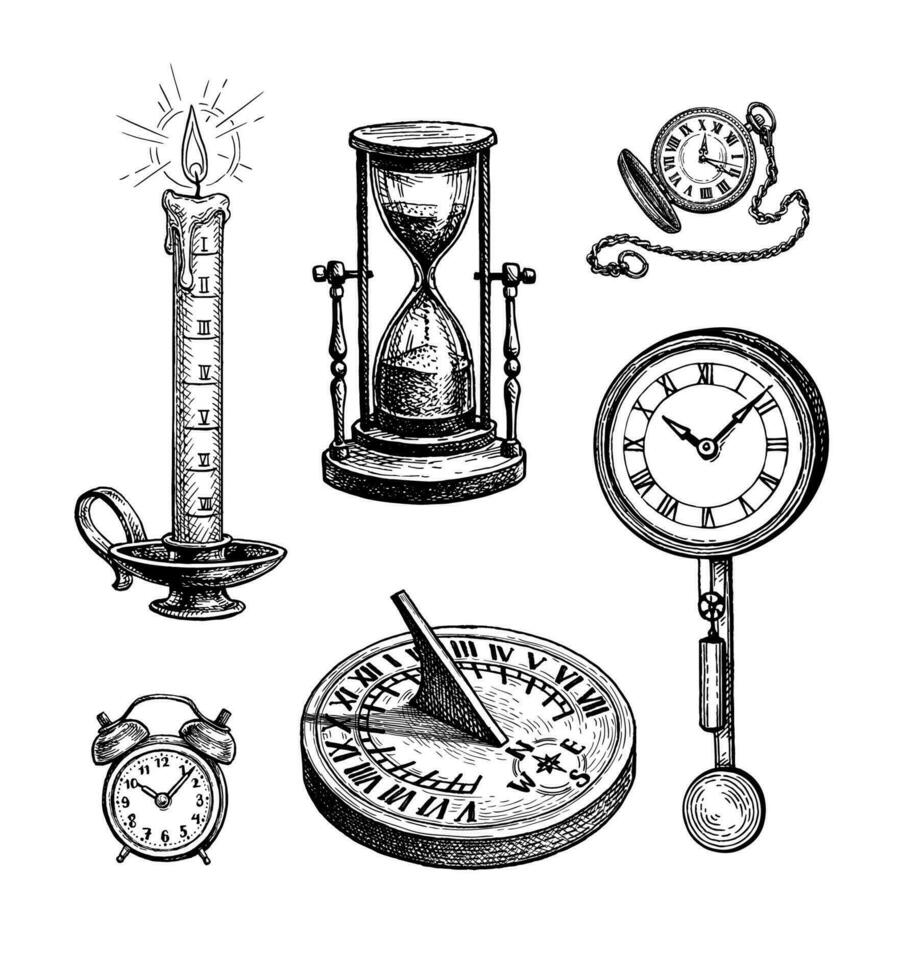 Different types of clocks. Ink sketch isolated on white background