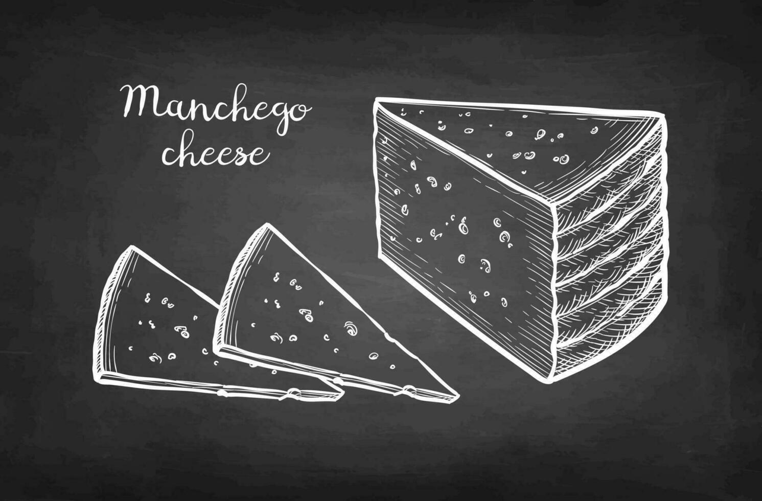 Manchego cheese. Block and slices. Chalk sketch on blackboard background. Hand drawn vector illustration. Retro style.