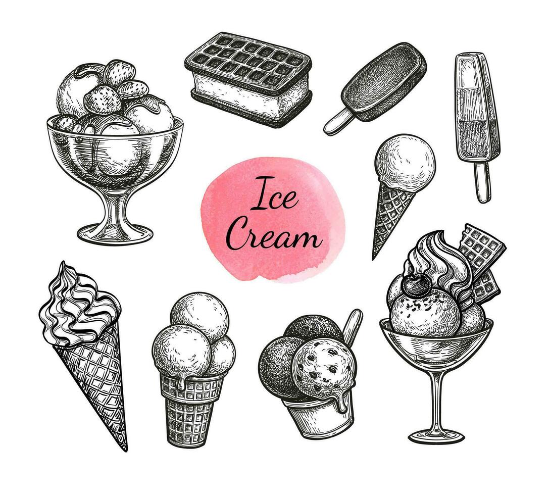 Ice cream set. Ink sketch collection isolated on white background. Hand drawn vector illustration. Retro style.