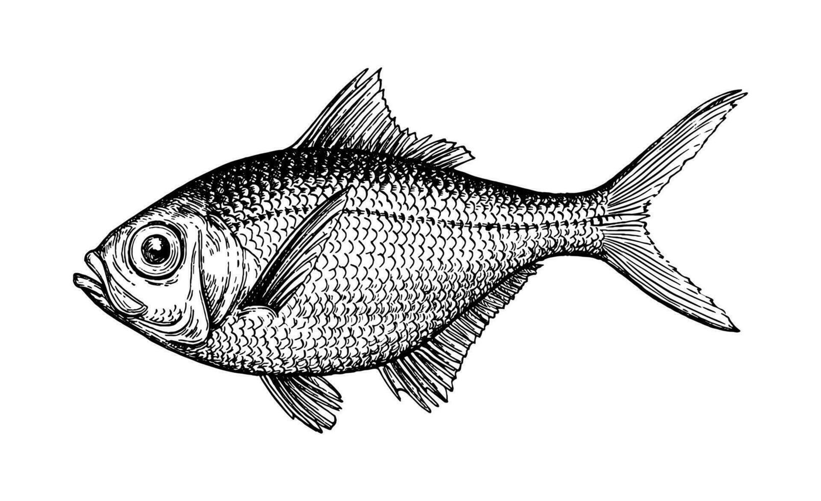 Ink sketch of alfonsino. Hand drawn vector illustration of fish isolated on white background. Retro style.