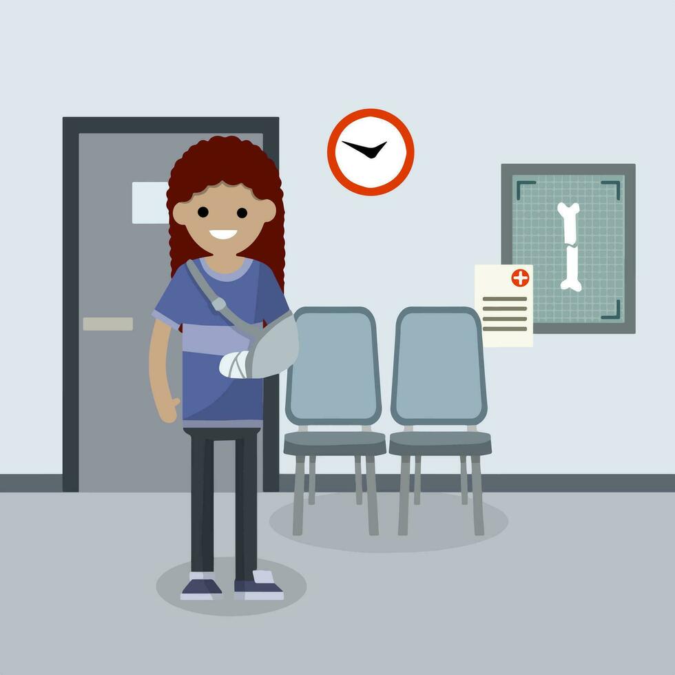 Woman with broken arm at doctor appointment in the hospital. Providing medical care. Trauma patient girl. Office with x-ray. Hand in bandage. Cartoon flat illustration vector