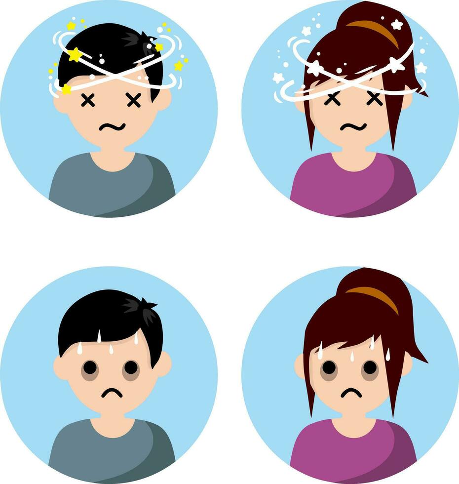 Dizziness and nausea. Painful and Weak condition of man and woman. Comic star spinning around head. Sweating and depression. Health problem flat icon vector