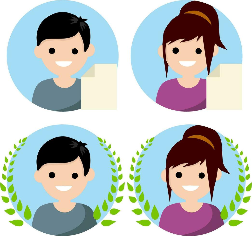 Set of avatars of man and woman in circle. New file icon. Guy and girl. Social network elements and applications. Happy face of character. Cartoon flat illustration. Green Laurel wreath of winner vector