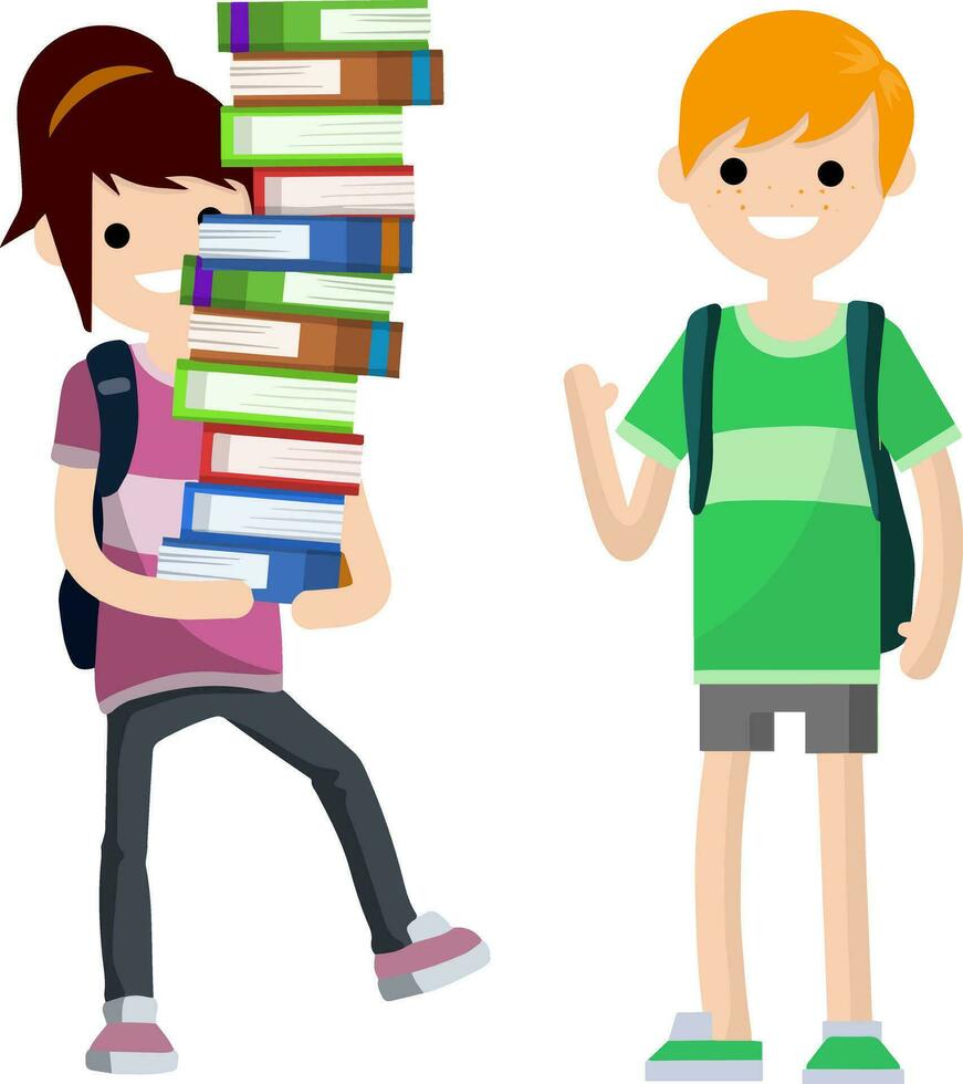 jóvenes estudiantes con libro y mochila. niño y niña en la escuela. pareja divertida la mujer lleva un montón de libros. educación y estudios vector