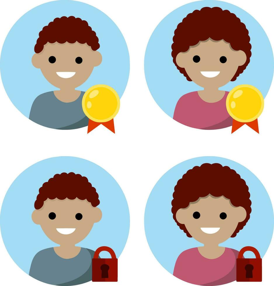 Set of avatars man and woman for social network. Account lockout. Young guy in circle. Cartoon flat illustration. Gold medal winner and success vector