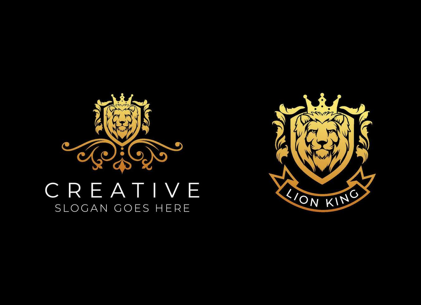 Royal king lion crown symbols. Elegant gold Leo animal logo. Premium luxury brand identity icon. Vector illustration