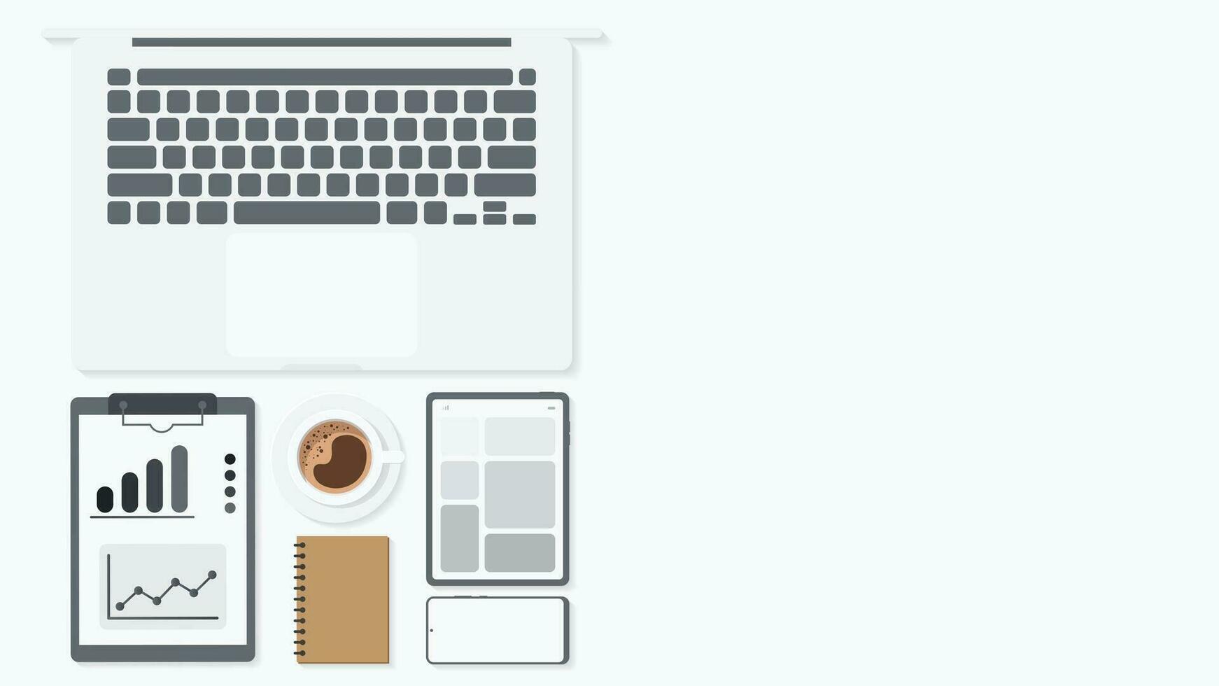 Cover and banner of working desk with gadget. Top view of table working and free space for text with computer, laptop, notebook, coffee cup, phone and paper. vector