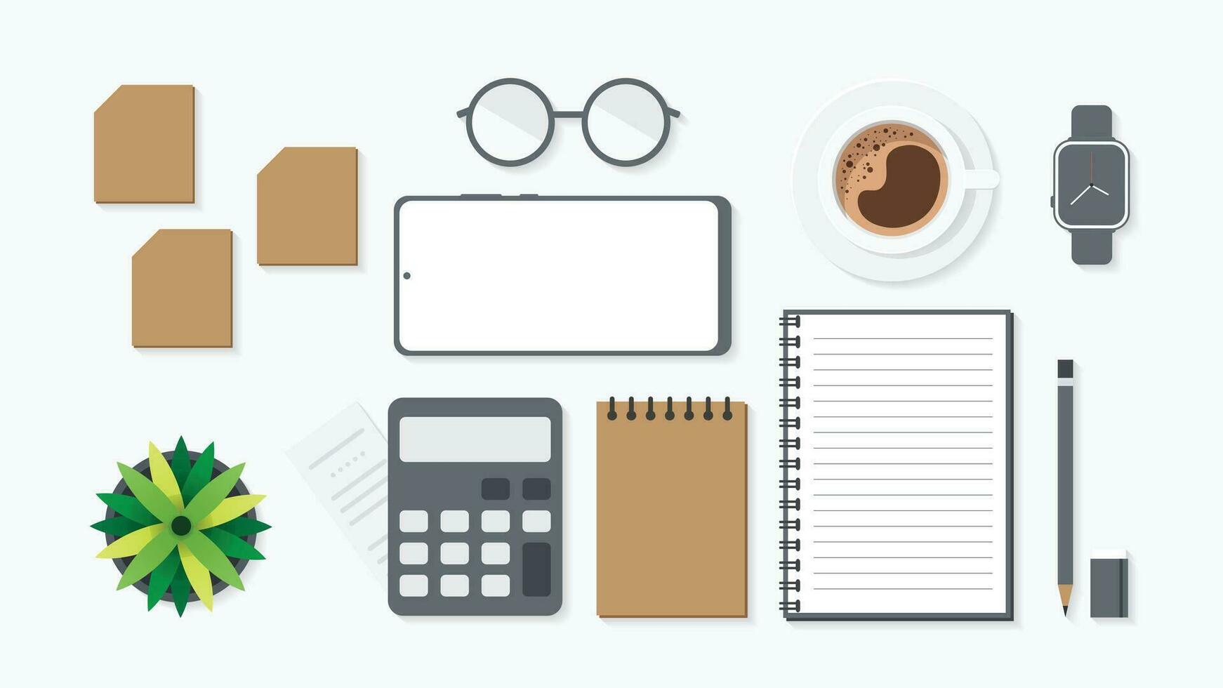 Cover and banner of working desk with gadget. Top view of table working and free space for text with computer, laptop, notebook, coffee cup, phone and paper. vector