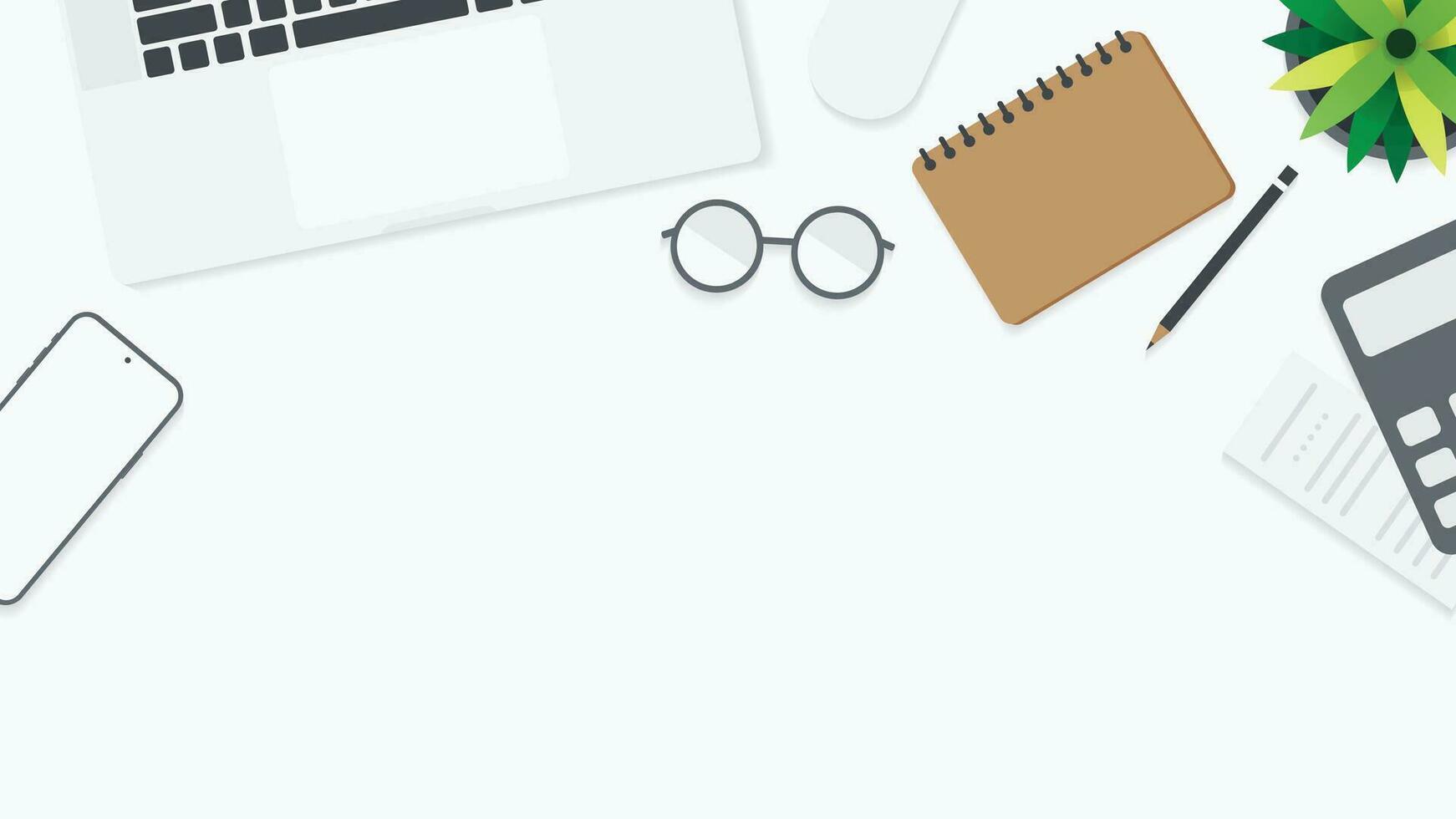 Cover and banner of working desk with gadget. Top view of table working and free space for text with computer, laptop, notebook, coffee cup, phone and paper. vector