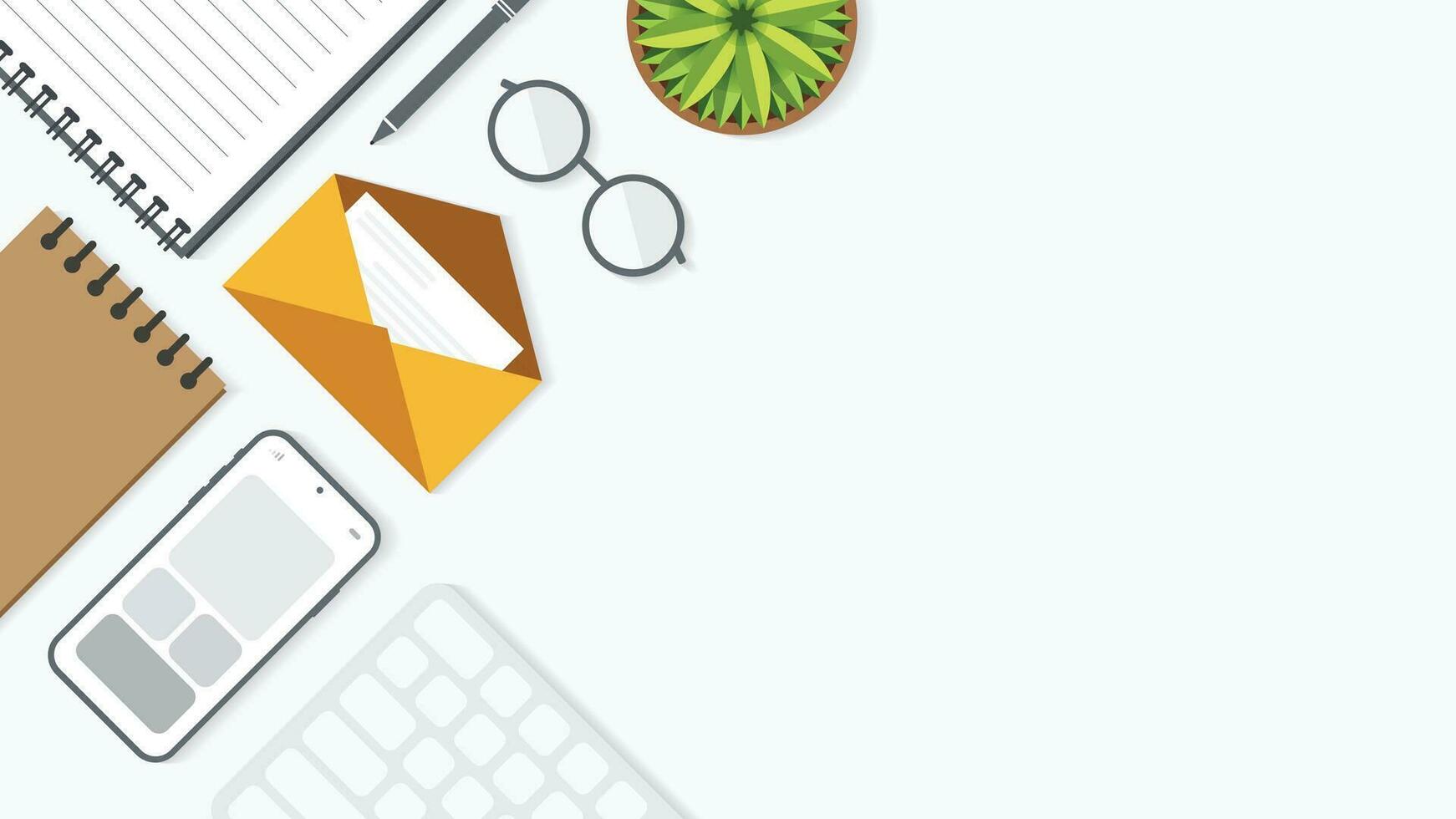 Cover and banner of working desk with gadget. Top view of table working and free space for text with computer, laptop, notebook, coffee cup, phone and paper. vector
