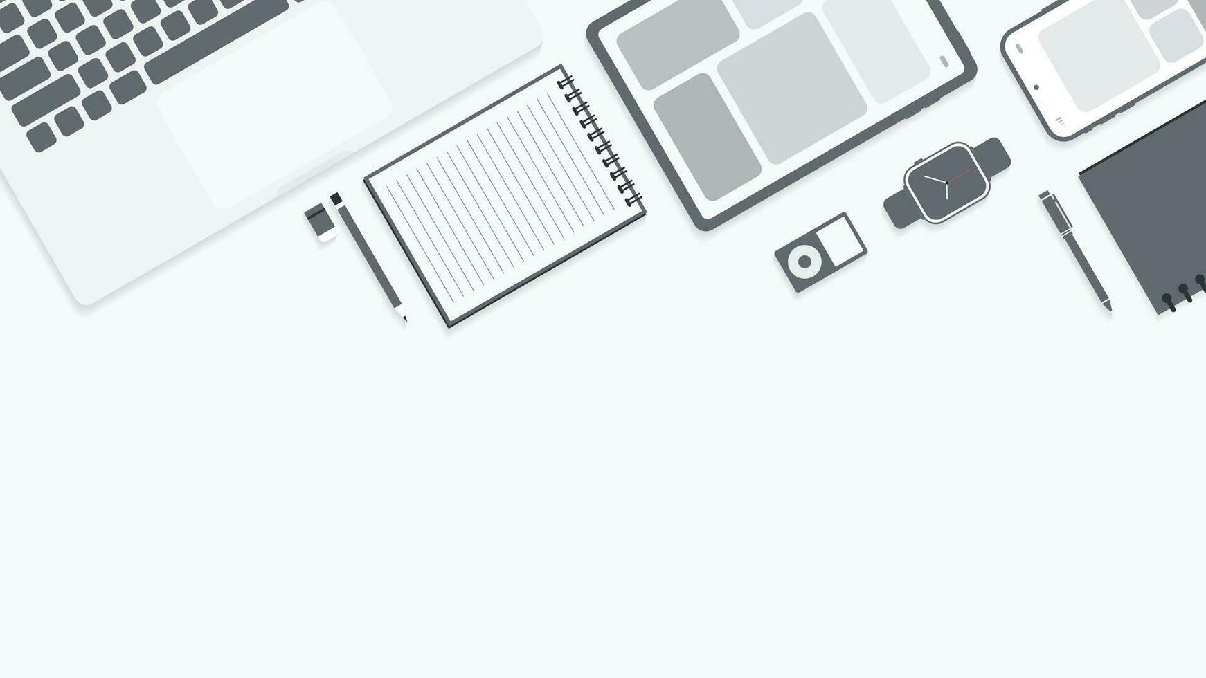Cover and banner of working desk with gadget. Top view of table working and free space for text with computer, laptop, notebook, coffee cup, phone and paper. vector