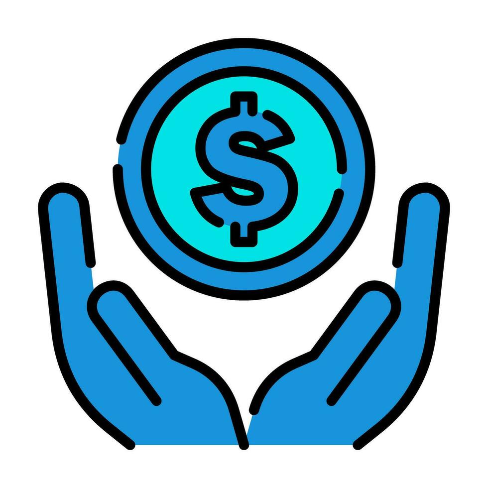 manos moneda donación caridad contorno azul icono botón logo comunidad apoyo diseño vector