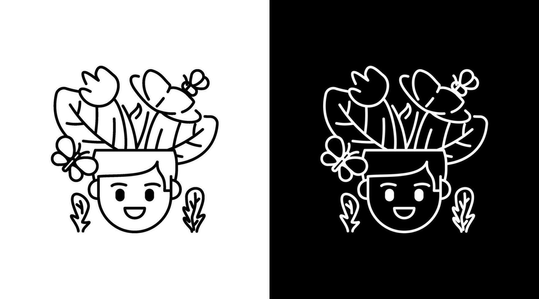 Happy young man with flower and butterfly outline Doodle Icon Button Design vector