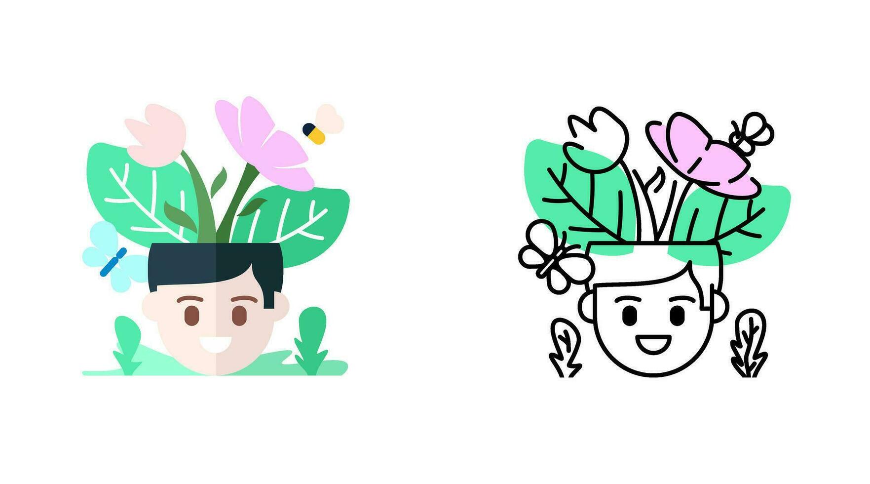 Happy young man with flower and butterfly colorful outline vector
