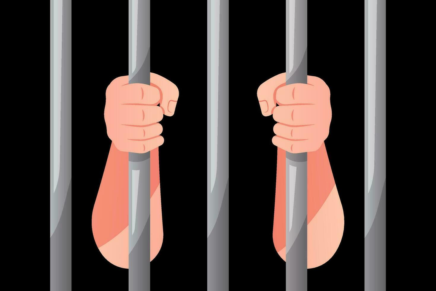 Illustration hands holding prison bars vector background.