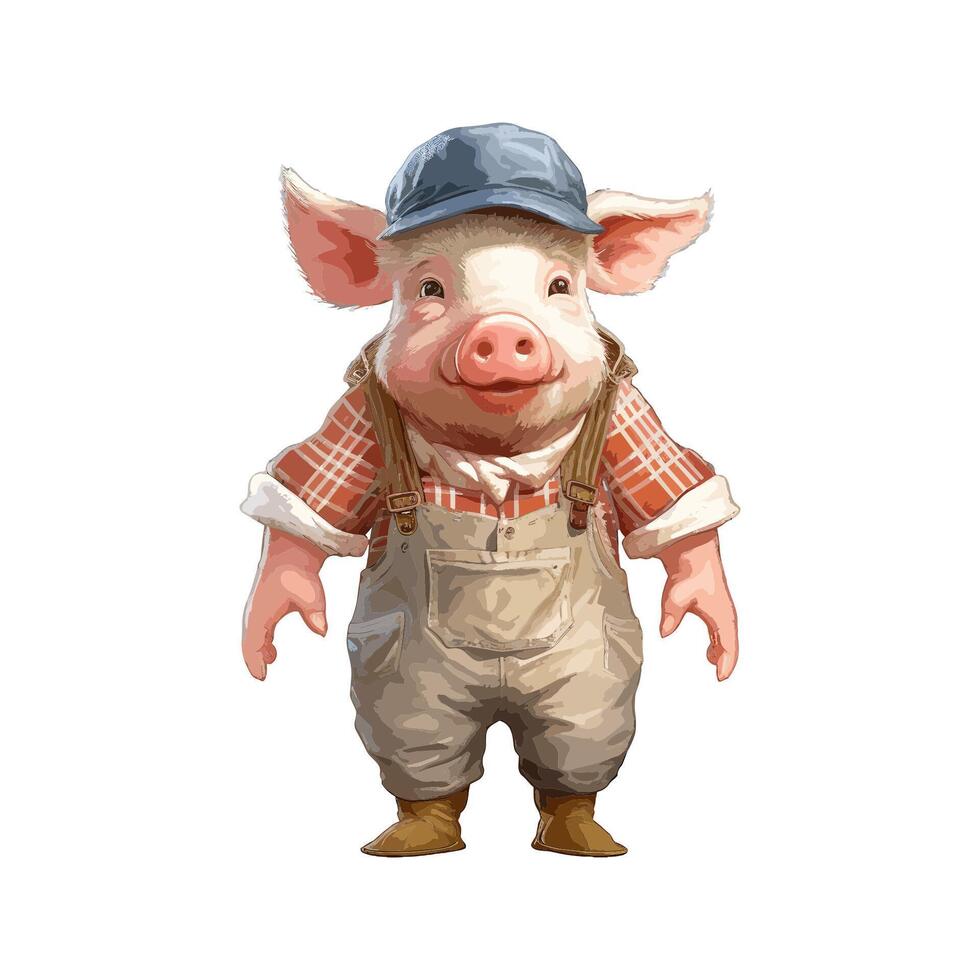Cute Farmer Pig With Cap And Checkered Pattern Shirt Standing vector