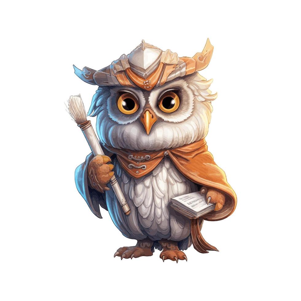 Wise Owl Dressed As Writer Hold Book and Feather Pen vector