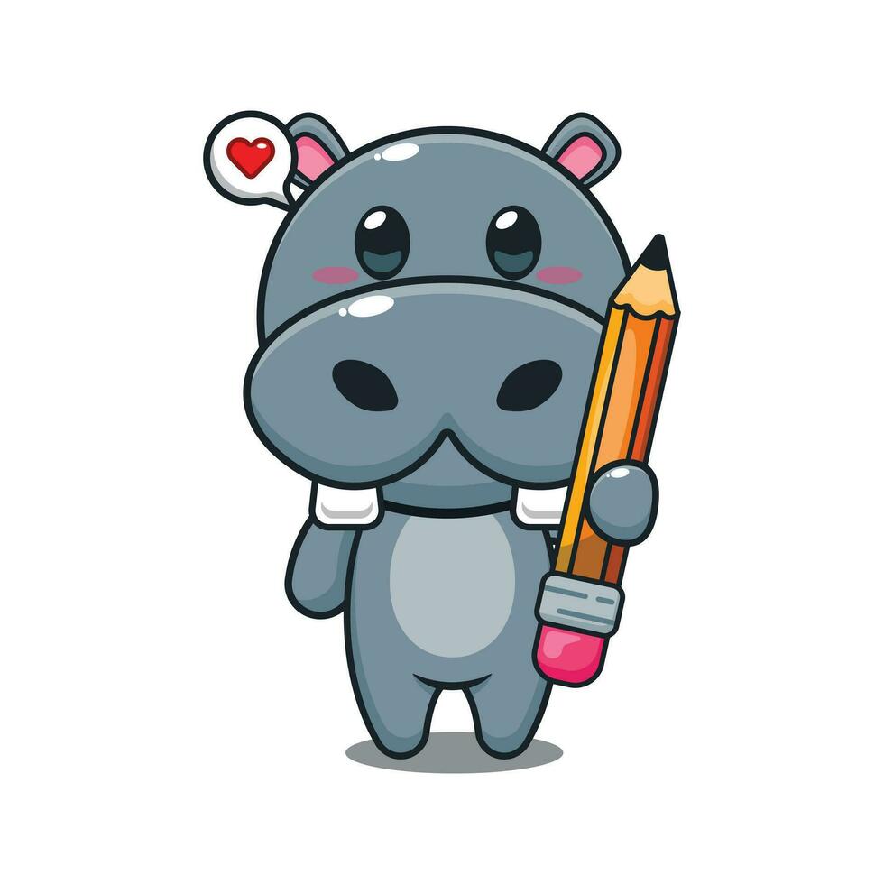 hippo holding pencil cartoon vector illustration.