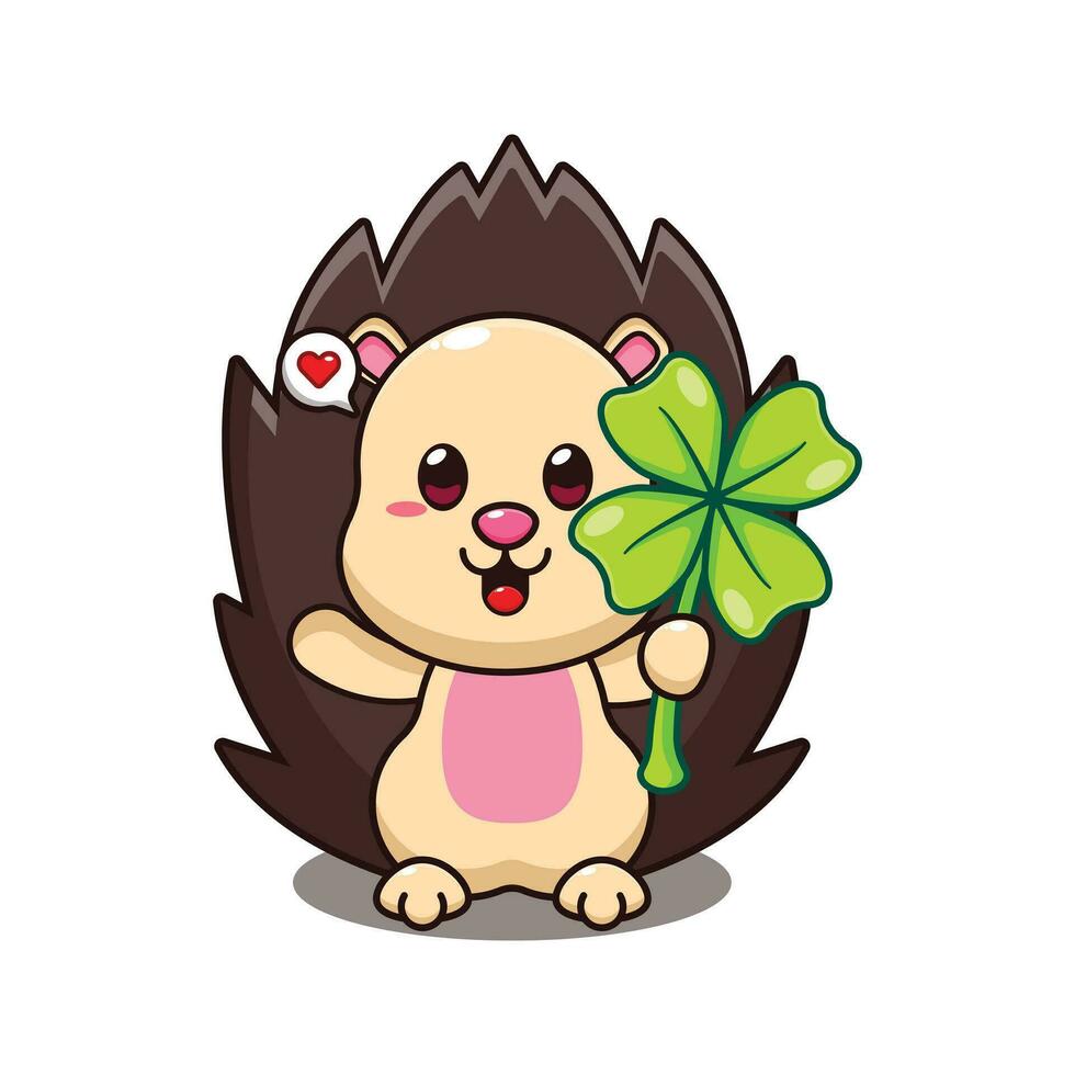 hedgehog with clover leaf cartoon vector illustration.