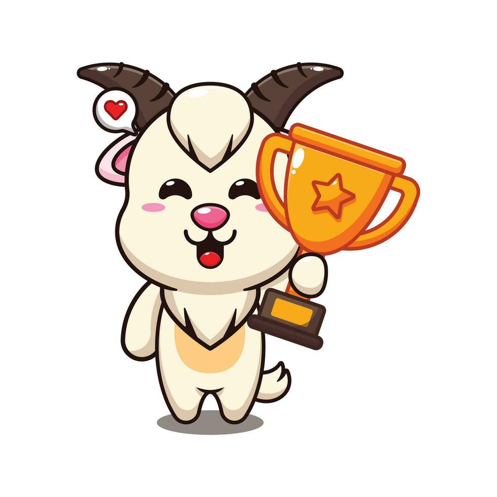 goat holding gold trophy cup cartoon vector illustration.