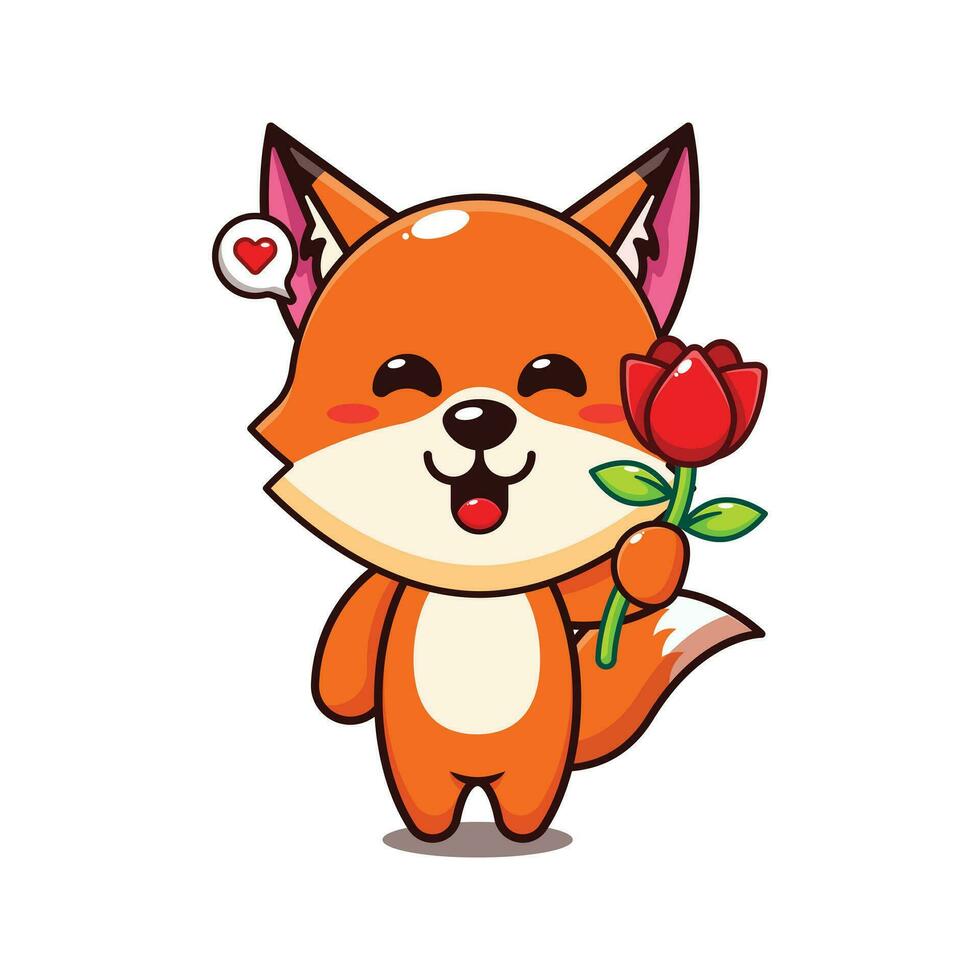 cute fox holding rose flower cartoon vector illustration.