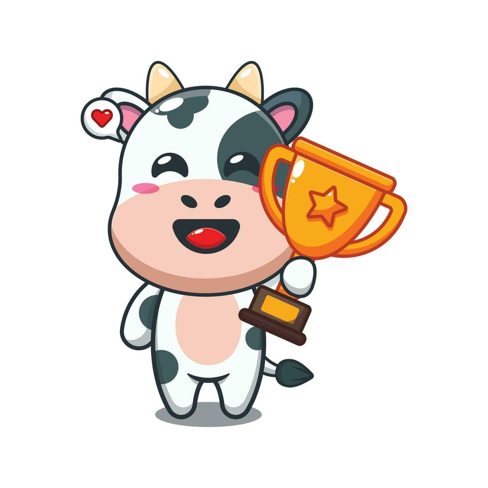 cow holding gold trophy cup cartoon vector illustration.