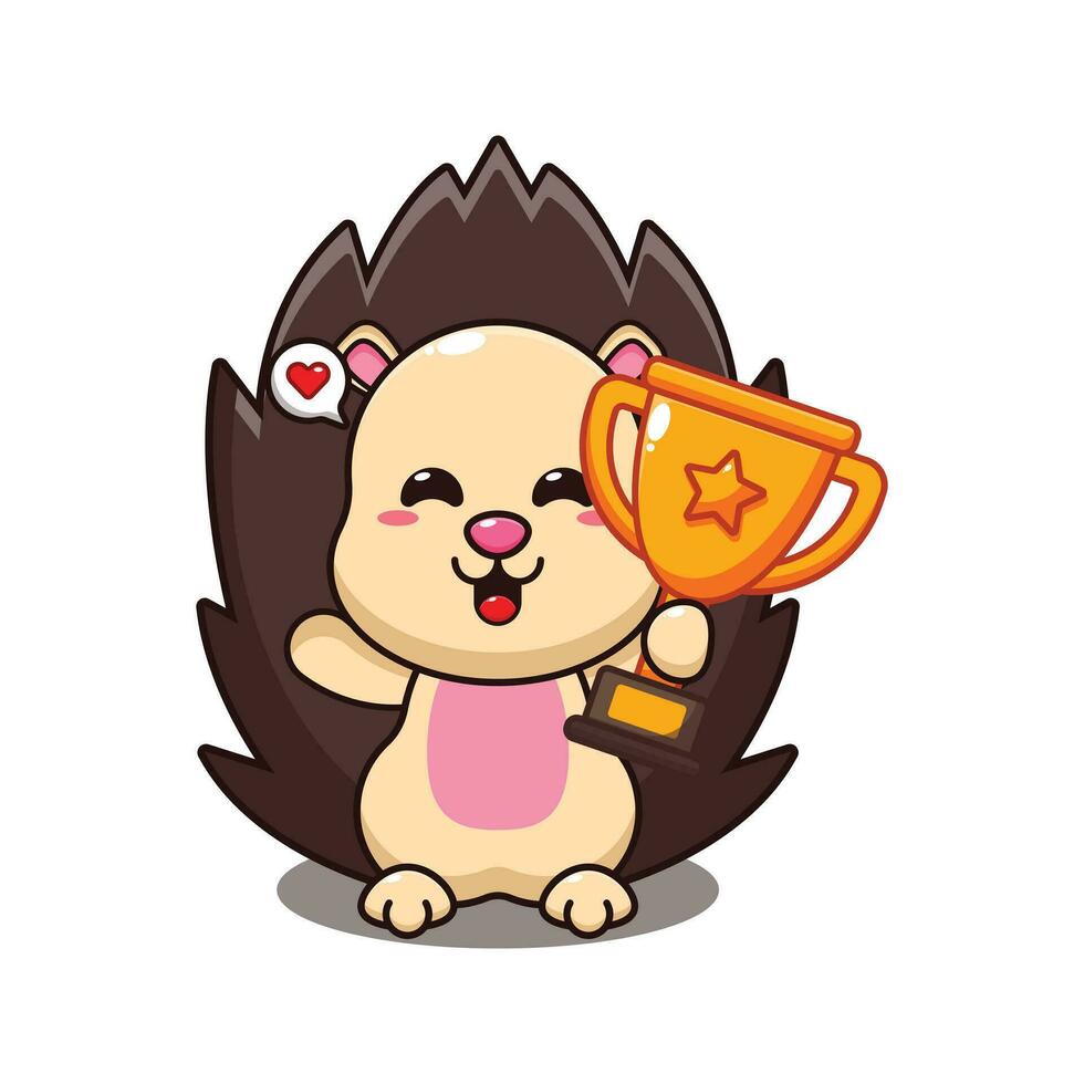 hedgehog holding gold trophy cup cartoon vector illustration.