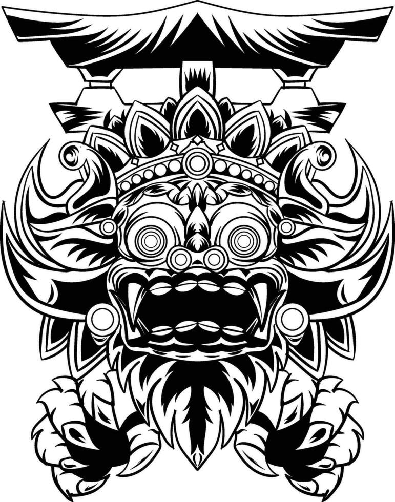vector illustration barong of barong bali mask  black colour isolated on white background