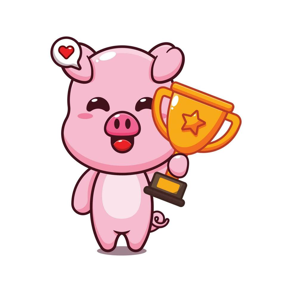 cute pig holding gold trophy cup cartoon vector illustration.