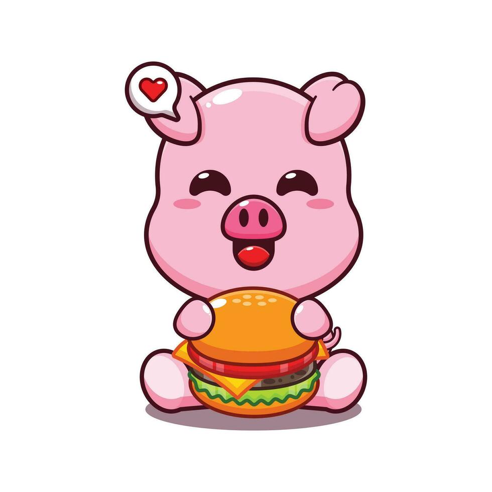 cute pig with burger cartoon vector illustration.