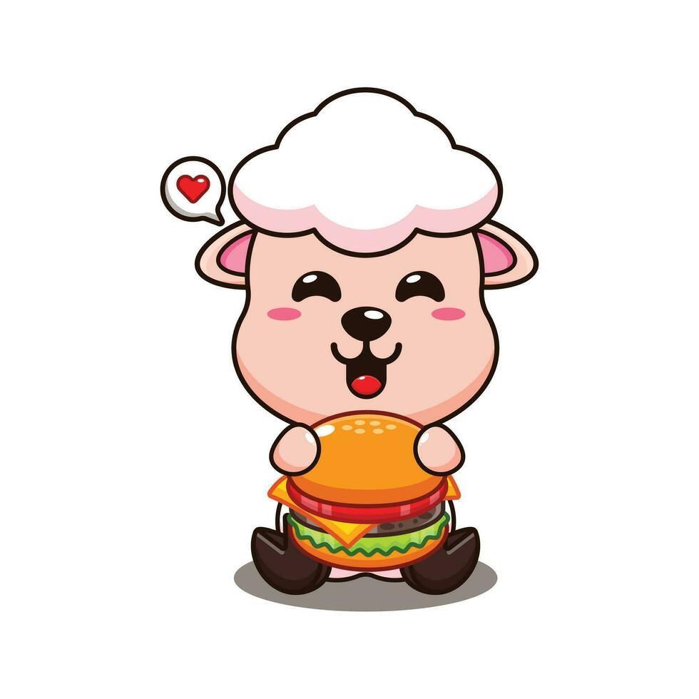 cute sheep with burger cartoon vector illustration.