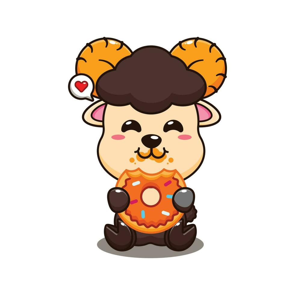 ram sheep eating donut cartoon vector illustration.